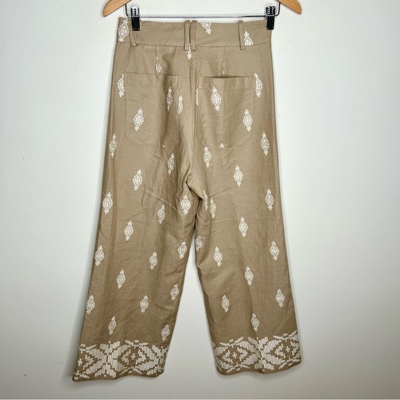 ZARA TAN LINEN BLEND EMBROIDERED WIDE LEG CULOTTE PANTS XS - Picture 4 of 6